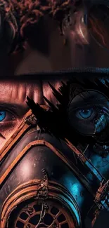 Futuristic steampunk gas mask with blue eyes in dark theme.