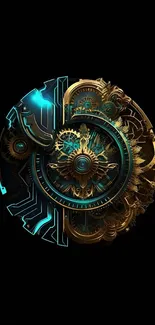 Futuristic steampunk gear design wallpaper in gold and blue hues.