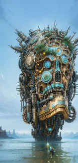 Futuristic steampunk head against a bright blue sky.