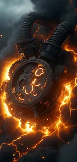 Futuristic steampunk heart in fire with dark clouds.