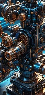 Intricate steampunk machinery with gears and metallic textures in blue hues.