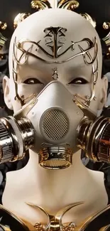 Futuristic humanoid figure with gold gas mask in steampunk style.