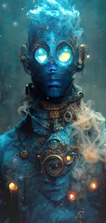 Futuristic steampunk figure with glowing blue elements.