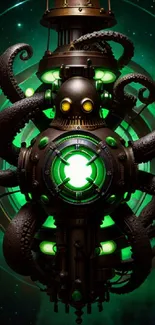 Futuristic steampunk octopus design with green glow.