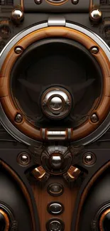 Futuristic steampunk-themed phone wallpaper with gears and wood accents.