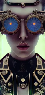 Futuristic steampunk portrait with goggles and intricate design.