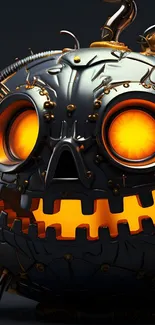 Futuristic steampunk pumpkin with glowing eyes and metallic design on dark background.