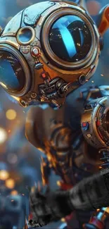 Futuristic steampunk robot wallpaper with intricate details and blue accents.