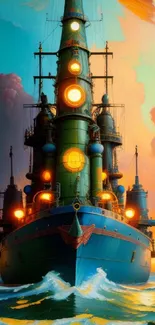 Futuristic steampunk ship sailing through a vibrant ocean with glowing lights.