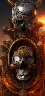 Futuristic steampunk skull with fiery background.