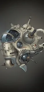 Futuristic steampunk spaceship on dark background.