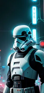 Futuristic stormtrooper in a neon-lit cityscape.