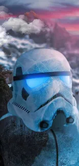 Futuristic stormtrooper helmet with glowing blue eyes in a snowy landscape.