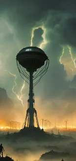 Towering structure under stormy sky with lightning and mist.