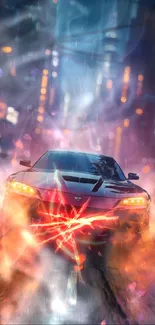 Sleek sports car races in neon-lit city.