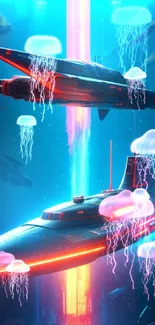 Futuristic submarines with neon blue and red glow.