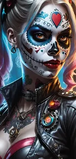 Artistic sugar skull face paint with vibrant details.