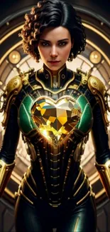 Futuristic character in golden armor with glowing heart centerpiece.