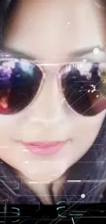 Stylish woman in mirrored sunglasses with a futuristic digital design.