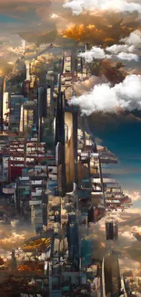 Futuristic cityscape art with sunset sky and modern buildings.