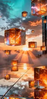Glowing cubes against a sunset sky reflecting in a cityscape.
