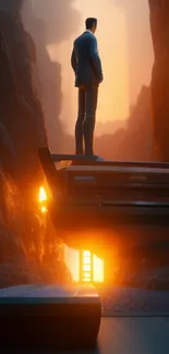 Man stands on hovering car against a glowing orange sunset in a canyon.