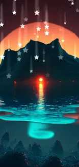 Futuristic sunset with mountain and reflective lake, starry sky above.