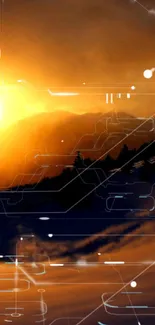 Futuristic mountain sunset with digital overlay.