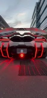 A sleek supercar with red lights in an urban setting at dusk.