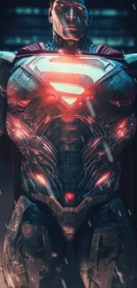 Futuristic superhero in metallic armor with red glowing accents.