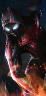 Futuristic superhero in black and red suit amidst flames.