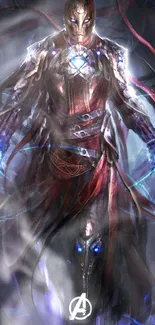 Futuristic superhero digital art with glowing effects and dark red armor.