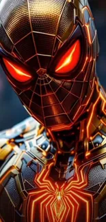 Futuristic superhero in a glowing suit with red eyes.