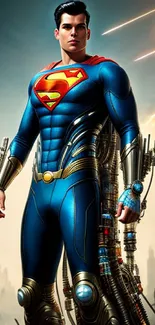 Futuristic superhero in blue suit with vibrant background.