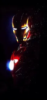 Dramatic superhero in metallic armor on a dark background, glowing with vibrant colors.