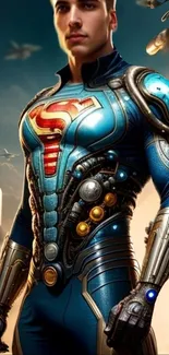 Futuristic superhero in blue armor with bold sci-fi elements.