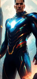 Futuristic superhero in a cosmic scene with a glowing suit.