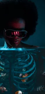 Surreal woman with an afro, x-ray ribs, and fish in a dark, futuristic setting.