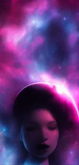 Futuristic surreal galaxy with magenta and blue hues.