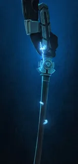 Futuristic sword glowing neon blue against a dark background.