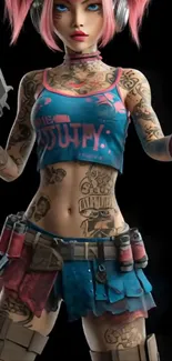 Tattooed futuristic warrior in vibrant colors.