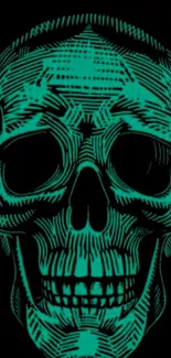 Futuristic teal skull wallpaper on black background.