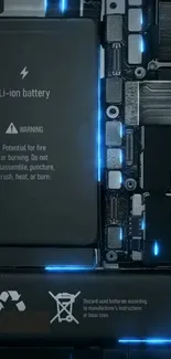 Intricate battery design with blue glow on a phone wallpaper.