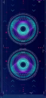 Futuristic blue and purple circuit wallpaper with geometric patterns.