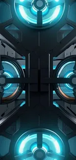 Futuristic tech-themed wallpaper with glowing blue design.