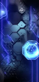 Futuristic high-tech neon blue wallpaper with glowing hexagons.