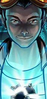 Futuristic character with glowing blue tech design in a digital art style.