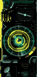 Futuristic tech circle wallpaper with neon yellow accents.