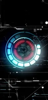 Futuristic digital interface with glowing circles on a black background.