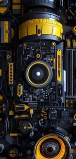 Futuristic tech circuit design with yellow gears.